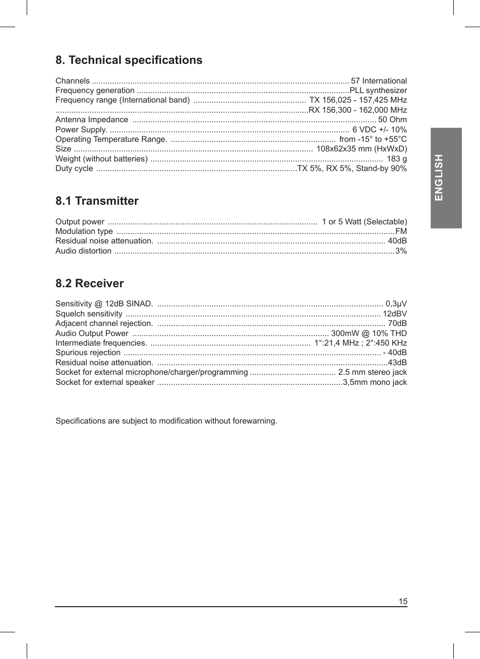 Technical specifications, 1 transmitter, 2 receiver | MIDLAND Pacific User Manual | Page 31 / 129