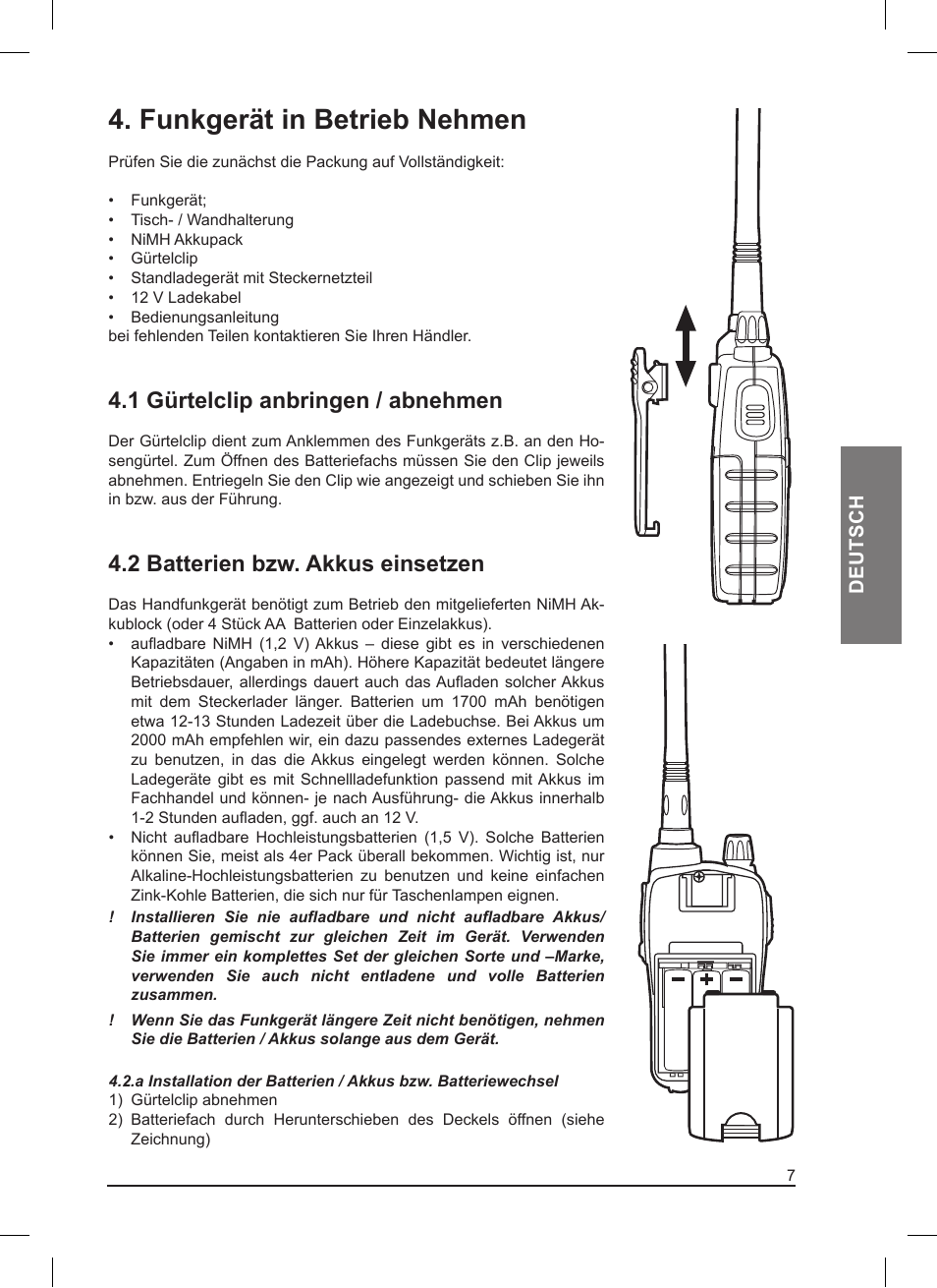 Funkgerät in betrieb nehmen, 1 gürtelclip anbringen / abnehmen, 2 batterien bzw. akkus einsetzen | Deutsch | MIDLAND Pacific User Manual | Page 39 / 129