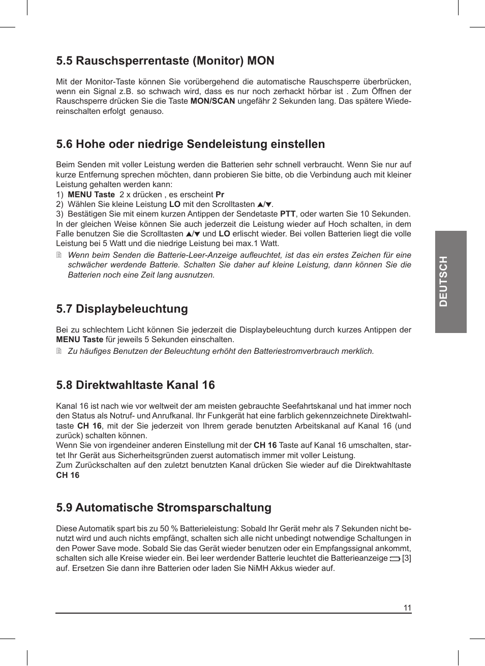 5 rauschsperrentaste (monitor) mon, 6 hohe oder niedrige sendeleistung einstellen, 7 displaybeleuchtung | 8 direktwahltaste kanal 16, 9 automatische stromsparschaltung | MIDLAND Pacific User Manual | Page 43 / 129