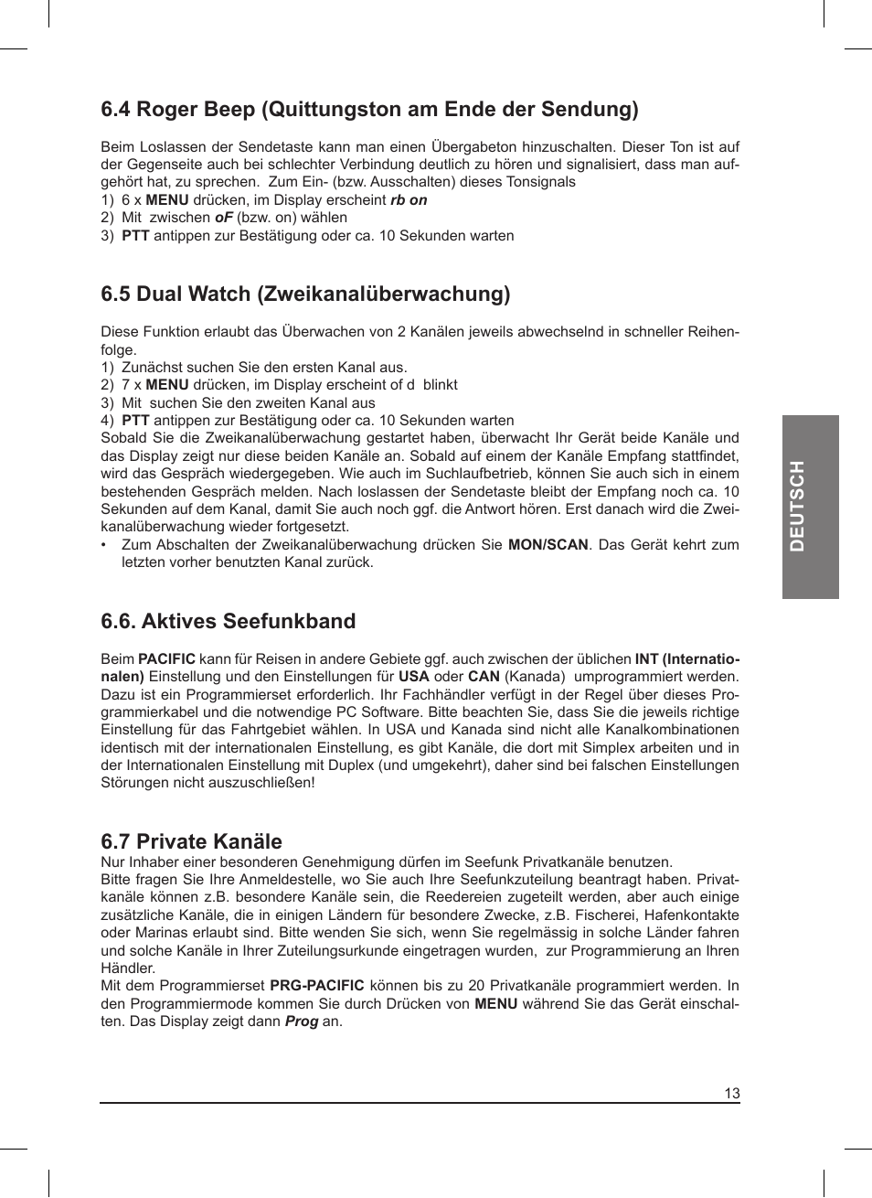 4 roger beep (quittungston am ende der sendung), 5 dual watch (zweikanalüberwachung), Aktives seefunkband | 7 private kanäle | MIDLAND Pacific User Manual | Page 45 / 129