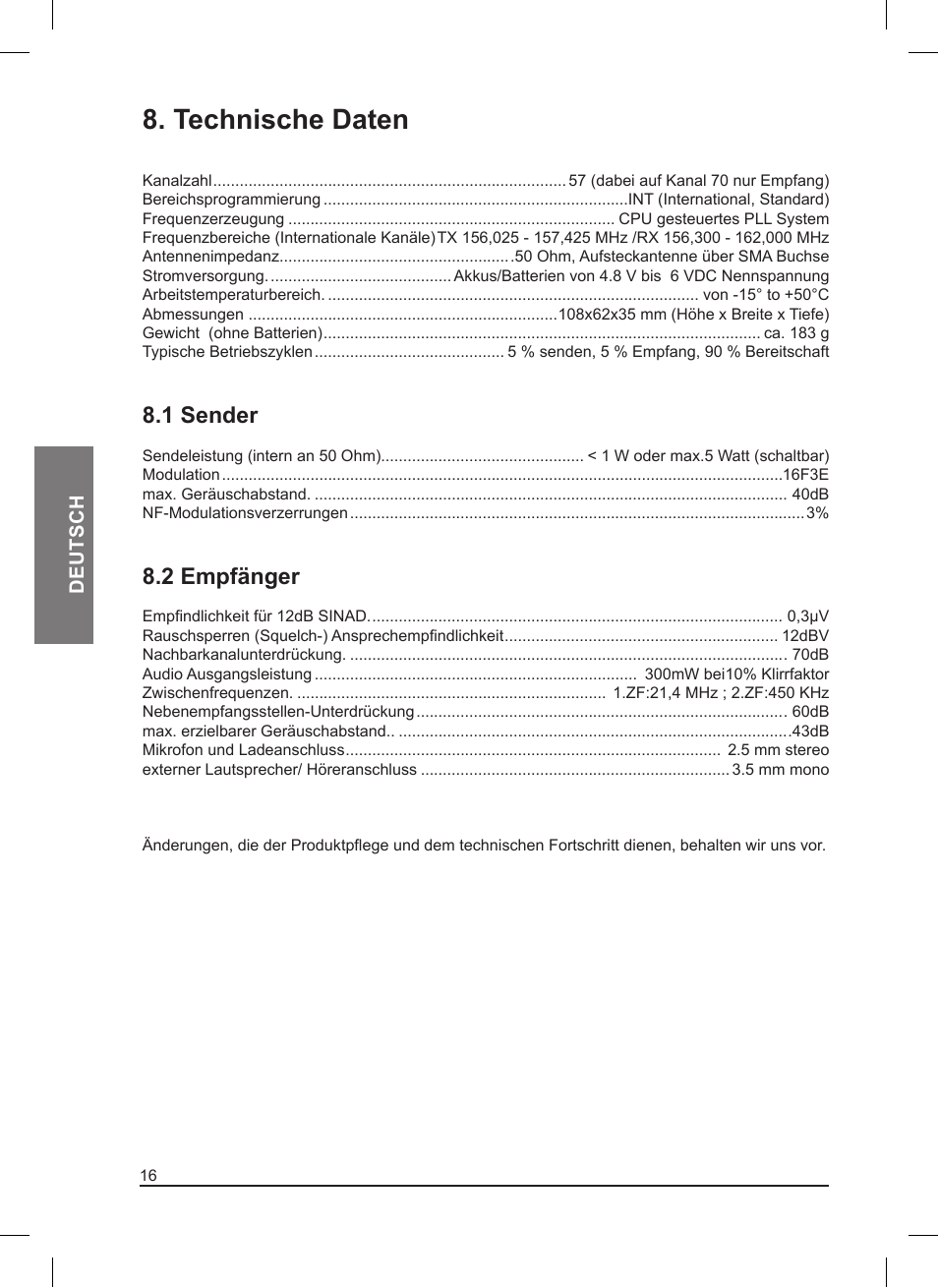 Technische daten, 1 sender, 2 empfänger | MIDLAND Pacific User Manual | Page 48 / 129