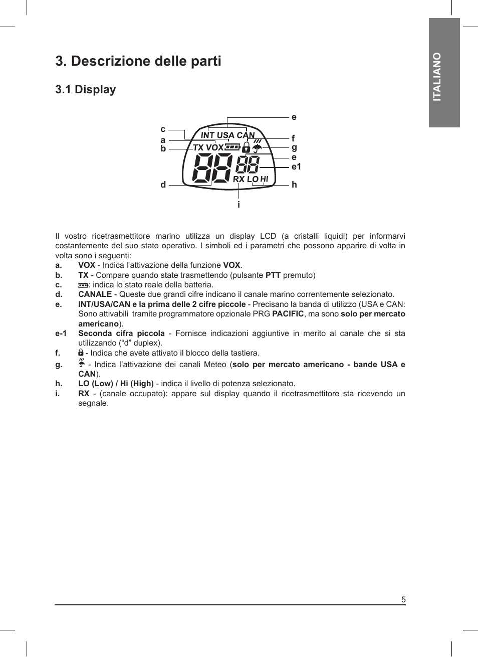 Descrizione delle parti, 1 display | MIDLAND Pacific User Manual | Page 5 / 129