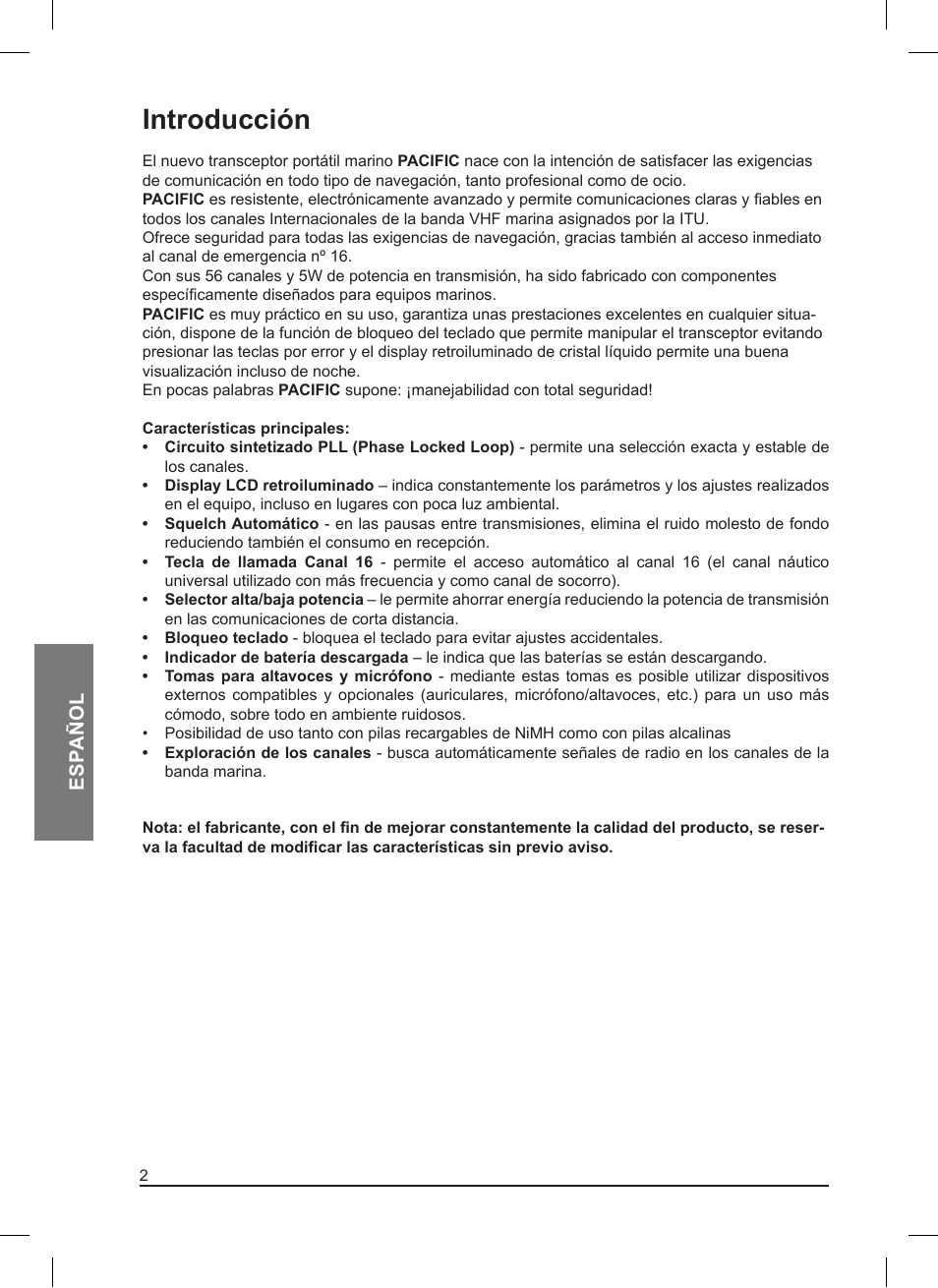 Introducción, Esp añol | MIDLAND Pacific User Manual | Page 52 / 129