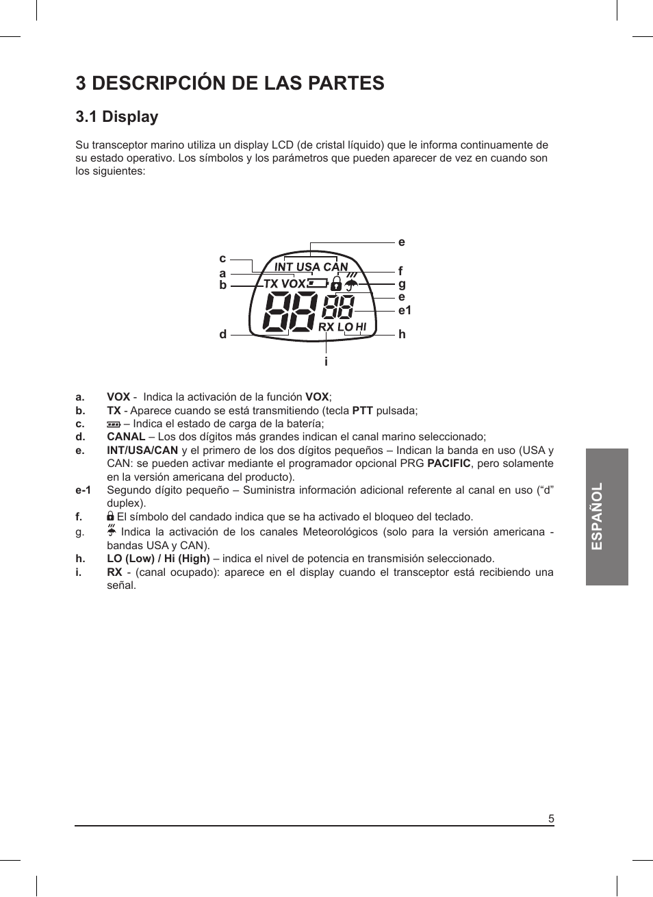 3 descripción de las partes, 1 display | MIDLAND Pacific User Manual | Page 55 / 129