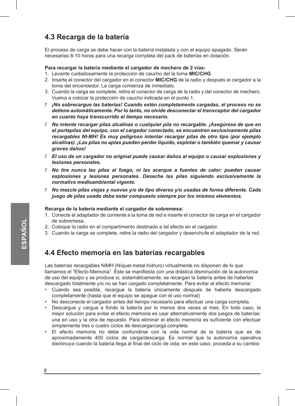 3 recarga de la batería, Esp añol | MIDLAND Pacific User Manual | Page 58 / 129