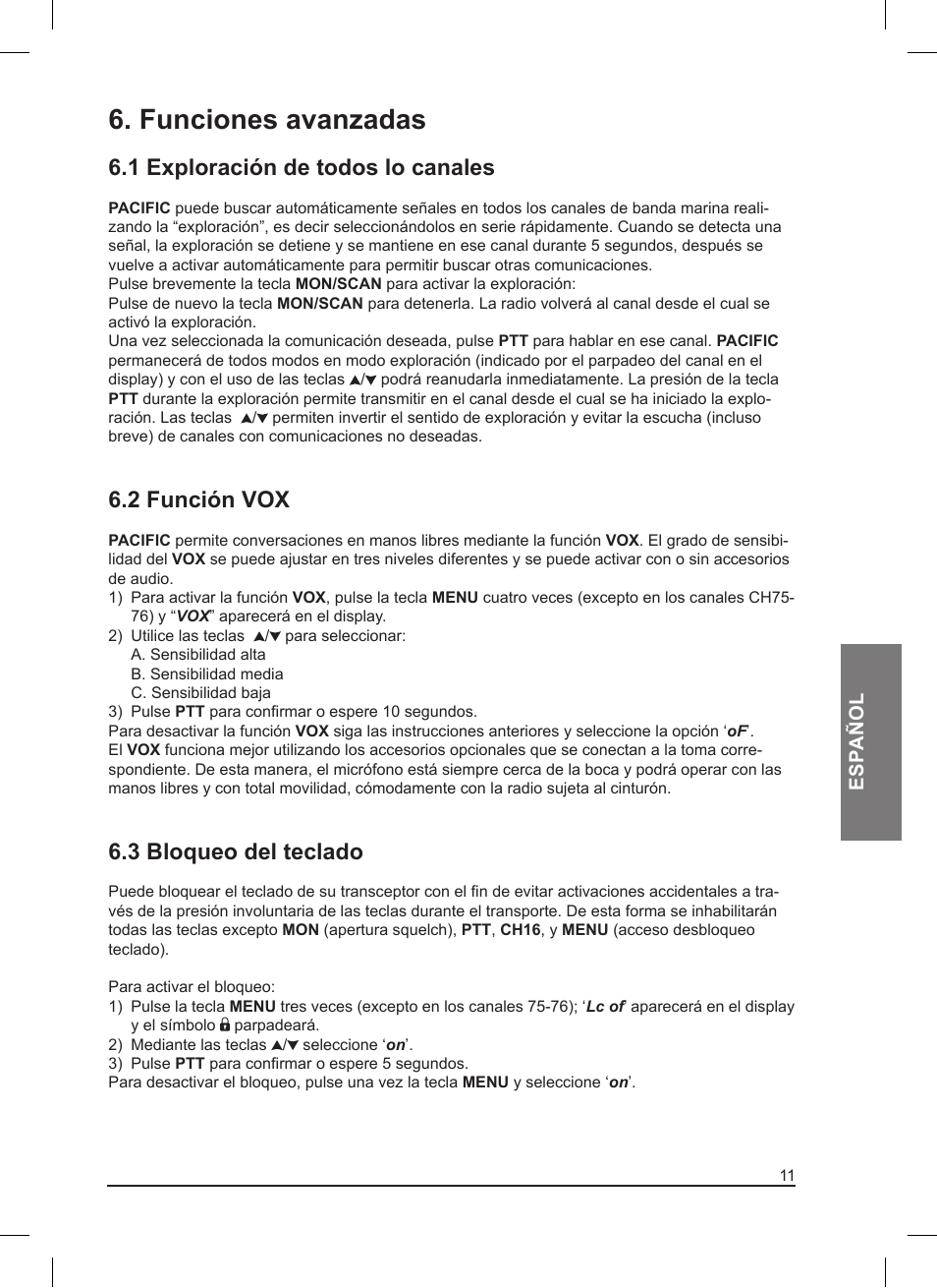 Funciones avanzadas, 1 exploración de todos lo canales, 2 función vox | 3 bloqueo del teclado | MIDLAND Pacific User Manual | Page 61 / 129