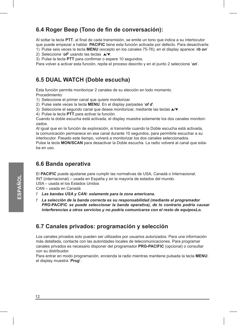 4 roger beep (tono de fin de conversación), 5 dual watch (doble escucha), 6 banda operativa | 7 canales privados: programación y selección | MIDLAND Pacific User Manual | Page 62 / 129
