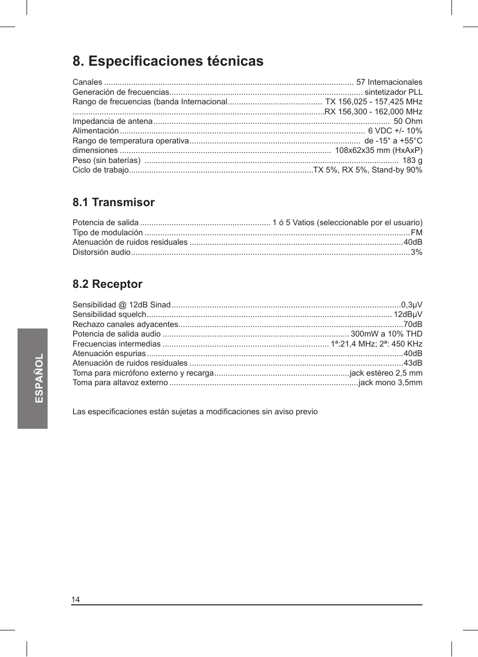 Especificaciones técnicas, 1 transmisor, 2 receptor | MIDLAND Pacific User Manual | Page 64 / 129