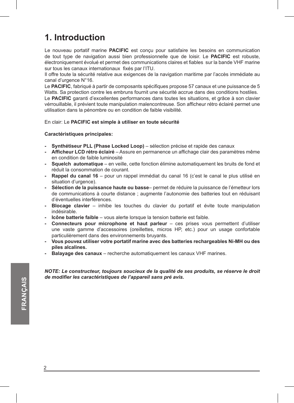 Introduction, Français | MIDLAND Pacific User Manual | Page 66 / 129