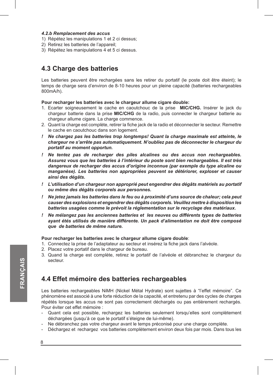 3 charge des batteries, 4 effet mémoire des batteries rechargeables, Français | MIDLAND Pacific User Manual | Page 72 / 129