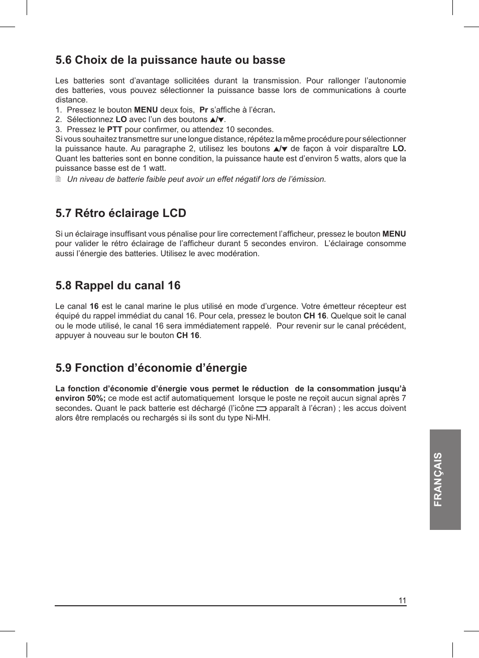 6 choix de la puissance haute ou basse, 7 rétro éclairage lcd, 8 rappel du canal 16 | 9 fonction d’économie d’énergie | MIDLAND Pacific User Manual | Page 75 / 129