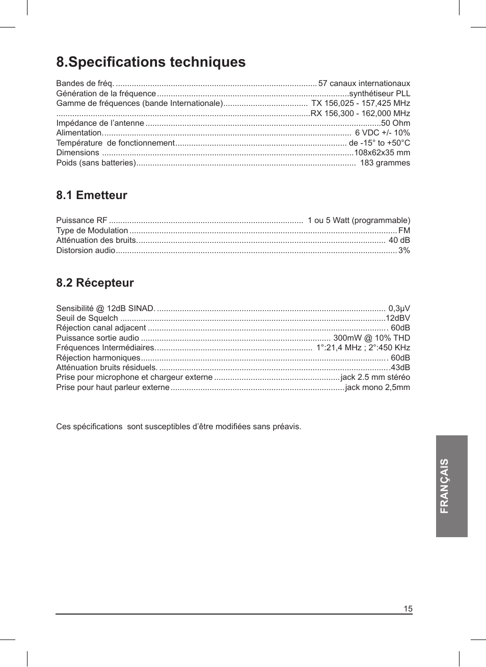 Specifications techniques, 1 emetteur, 2 récepteur | MIDLAND Pacific User Manual | Page 79 / 129