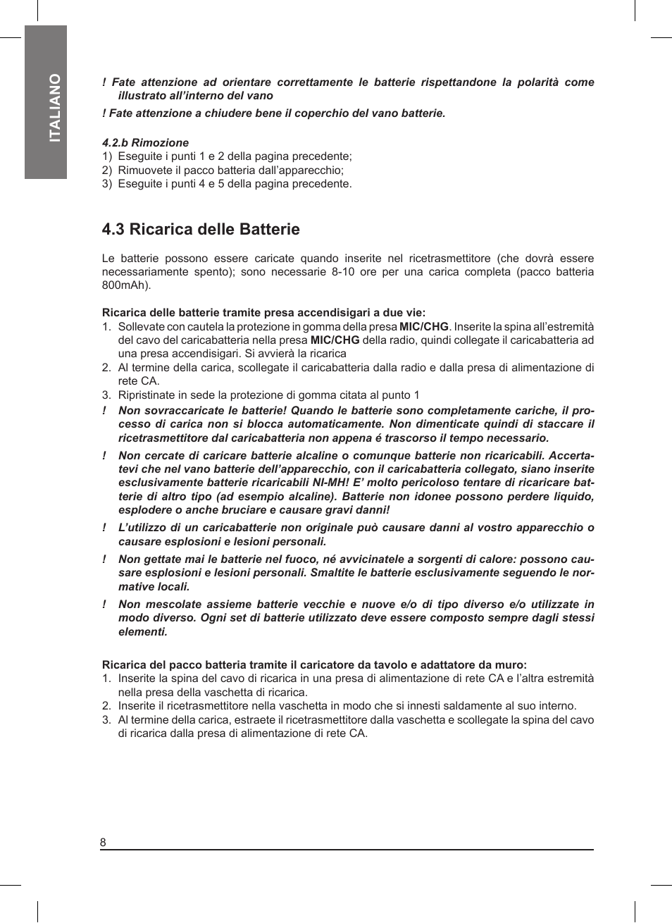 3 ricarica delle batterie, It aliano | MIDLAND Pacific User Manual | Page 8 / 129