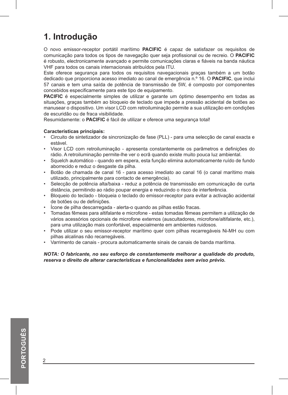 Introdução, Port oguês | MIDLAND Pacific User Manual | Page 82 / 129