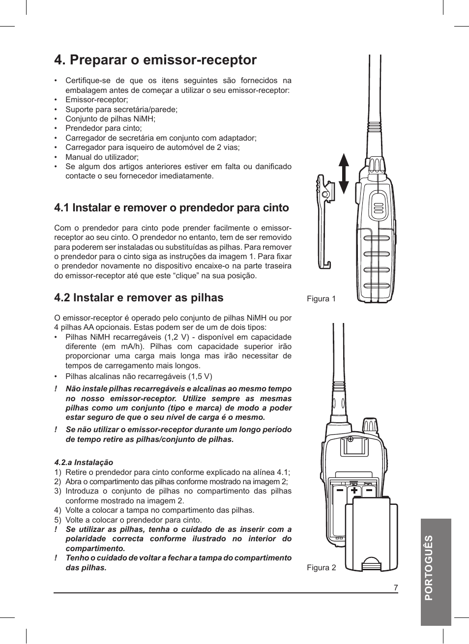 Preparar o emissor-receptor, 1 instalar e remover o prendedor para cinto, 2 instalar e remover as pilhas | Port oguês | MIDLAND Pacific User Manual | Page 87 / 129