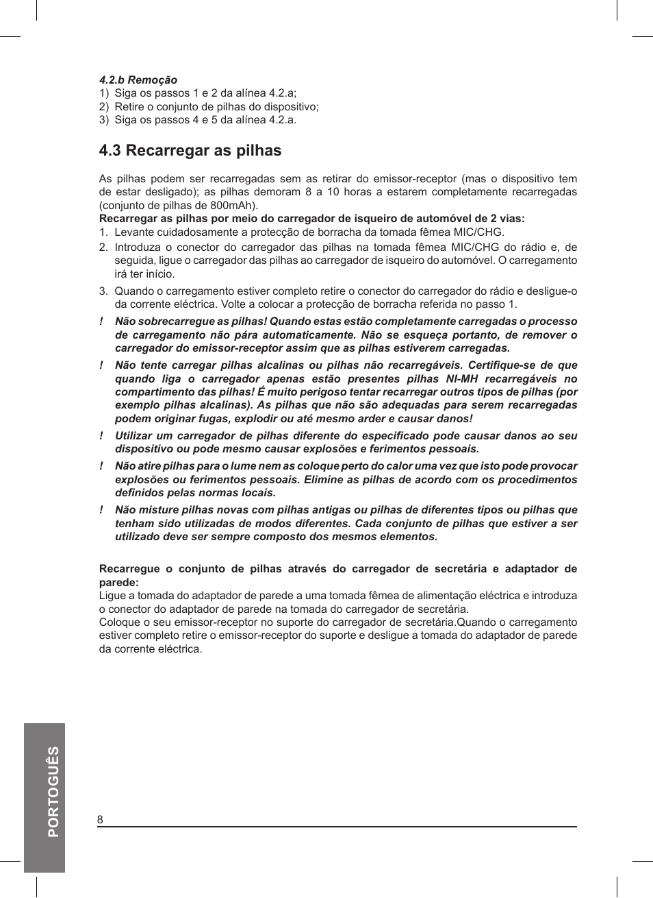 3 recarregar as pilhas, Port oguês | MIDLAND Pacific User Manual | Page 88 / 129