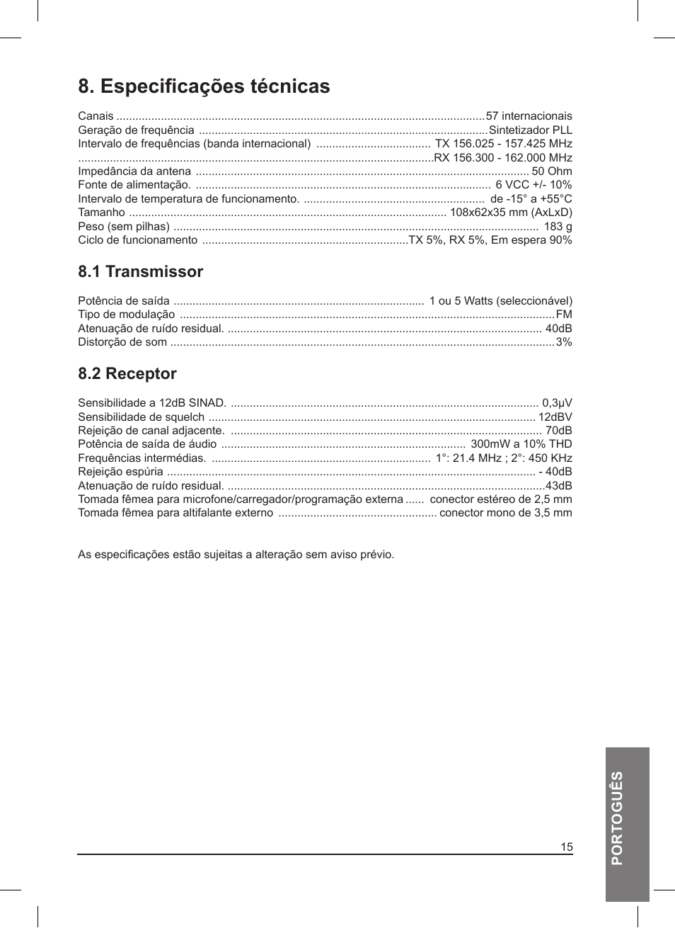 Especificações técnicas, 1 transmissor, 2 receptor | MIDLAND Pacific User Manual | Page 95 / 129