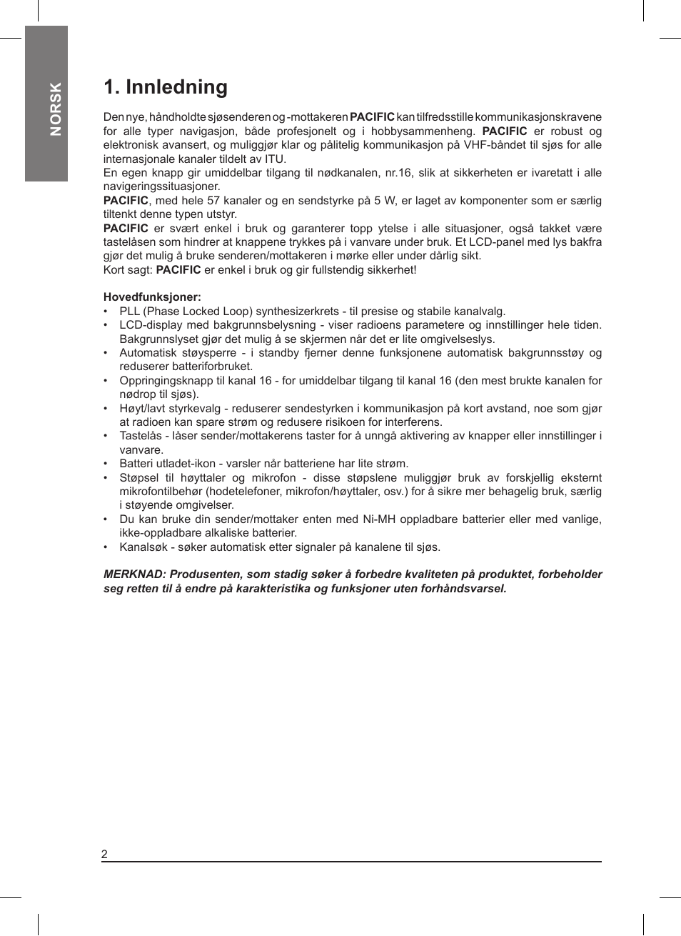Innledning, Norsk | MIDLAND Pacific User Manual | Page 98 / 129