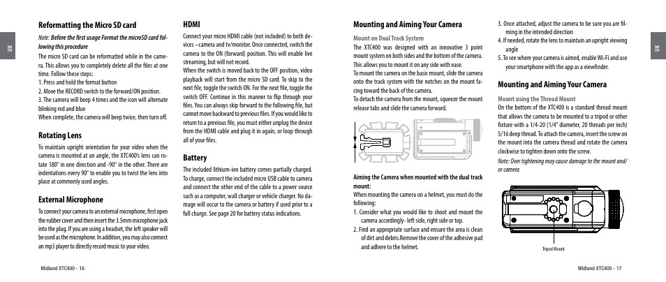 Reformatting the micro sd card, Rotating lens, External microphone | Hdmi, Battery, Mounting and aiming your camera | MIDLAND XTC 400 User Manual | Page 10 / 60