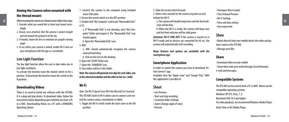 Low light function, Downloading videos, Wi-fi | Smartphone application, Shoot, Show, Share, Compatible systems | MIDLAND XTC 400 User Manual | Page 11 / 60