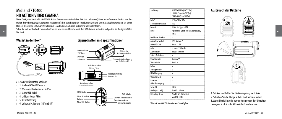 Was ist in der box, Eigenschaften und spezifikationen, Austausch der batterie | Midland xtc400 hd action video camera | MIDLAND XTC 400 User Manual | Page 15 / 60