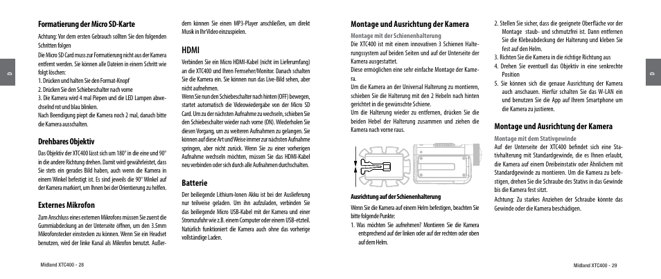 Formatierung der micro sd-karte, Drehbares objektiv, Externes mikrofon | Hdmi, Batterie, Montage und ausrichtung der kamera | MIDLAND XTC 400 User Manual | Page 16 / 60
