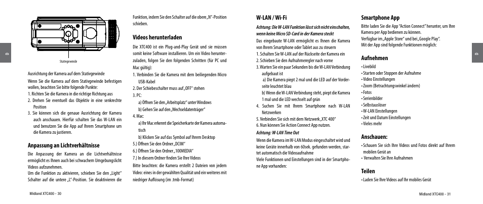 Anpassung an lichtverhältnisse, Videos herunterladen, W-lan / wi-fi | Smartphone app, Aufnehmen, Anschauen, Teilen | MIDLAND XTC 400 User Manual | Page 17 / 60