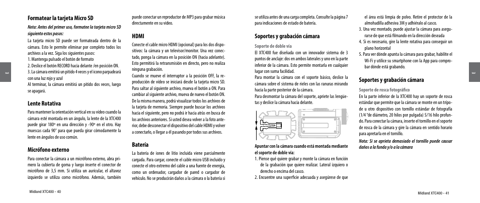 Formatear la tarjeta micro sd, Lente rotativa, Micrófono externo | Hdmi, Batería, Soportes y grabación cámara | MIDLAND XTC 400 User Manual | Page 22 / 60