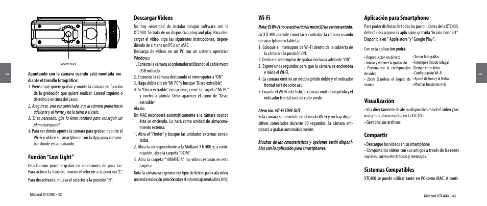 Función “low light, Descargar videos, Wi-fi | Aplicación para smartphone, Visualización, Compartir, Sistemas compatibles | MIDLAND XTC 400 User Manual | Page 23 / 60