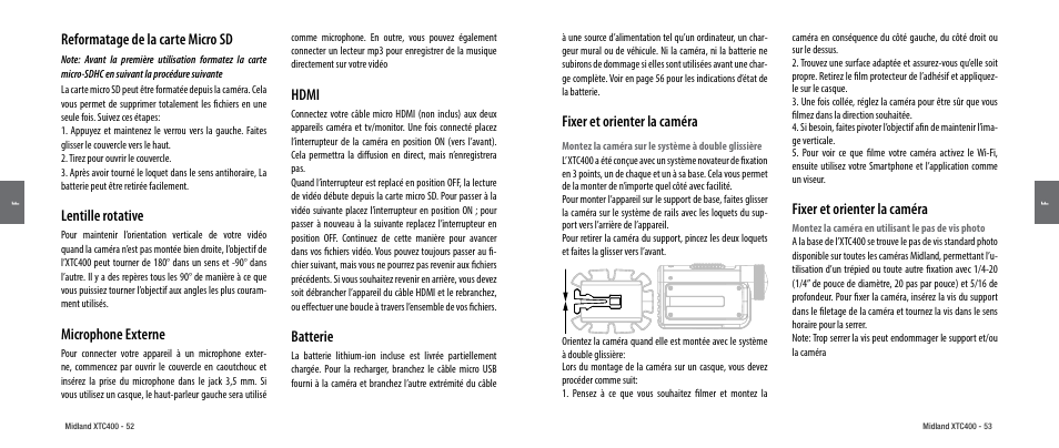 Reformatage de la carte micro sd, Lentille rotative, Microphone externe | Hdmi, Batterie, Fixer et orienter la caméra | MIDLAND XTC 400 User Manual | Page 28 / 60