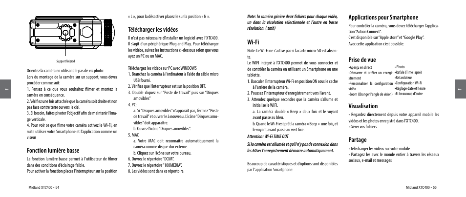 Fonction lumière basse, Télécharger les vidéos, Wi-fi | Prise de vue, Visualisation, Partage, Système compatible, Applications pour smartphone, Prise de vue visualisation | MIDLAND XTC 400 User Manual | Page 29 / 60