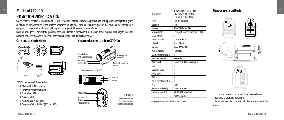 Contenuto confezione, Caratteristiche tecniche xtc400, Rimuovere la batteria | Midland xtc400 hd action video camera | MIDLAND XTC 400 User Manual | Page 3 / 60