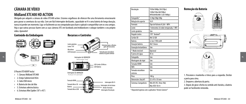 Conteúdo da embalagem, Recursos e controlos, Remoção da bateria | Câmara de vídeo midland xtc400 hd action | MIDLAND XTC 400 User Manual | Page 33 / 60