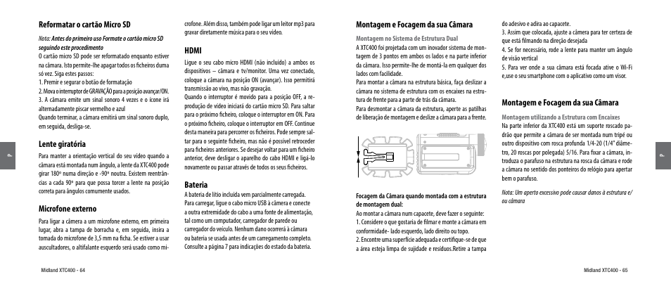 Reformatar o cartão micro sd, Lente giratória, Microfone externo | Hdmi, Montagem e focagem da sua câmara, Bateria | MIDLAND XTC 400 User Manual | Page 34 / 60