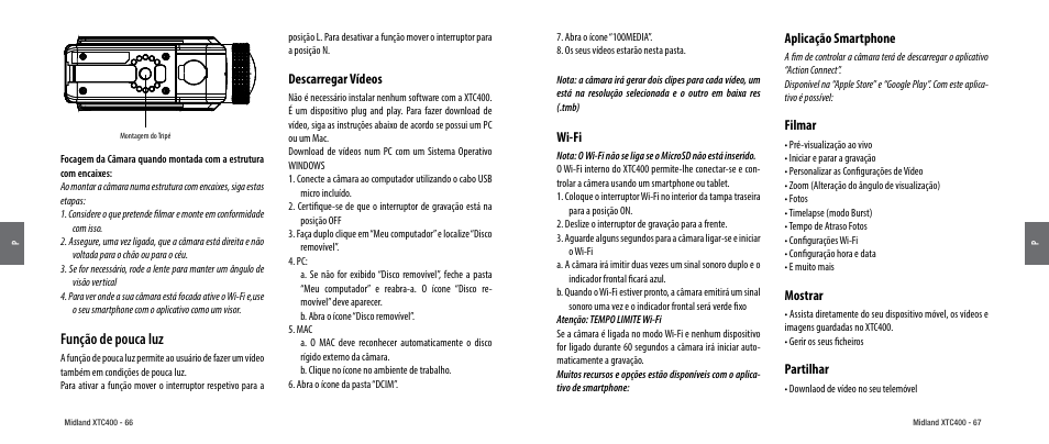 Função de pouca luz, Descarregar vídeos, Wi-fi | Aplicação smartphone, Filmar, Mostrar, Partilhar | MIDLAND XTC 400 User Manual | Page 35 / 60