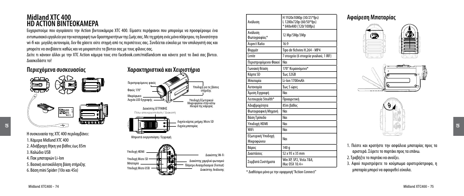 Περιεχόμενα συσκευασίας, Χαρακτηριστικά και χειριστήρια, Αφαίρεση μπαταρίας | Midland xtc 400 hd action βιντεοκαμερα | MIDLAND XTC 400 User Manual | Page 39 / 60