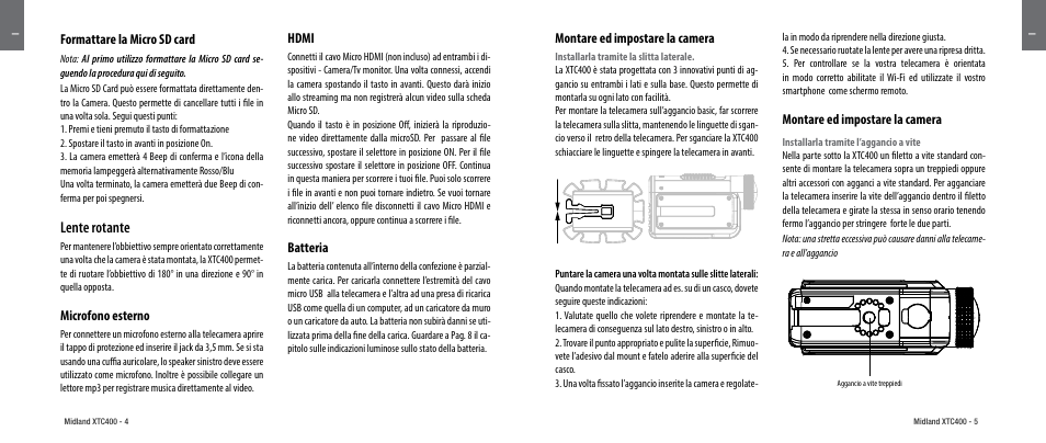 Formattare la micro sd card, Microfono esterno, Hdmi | Batteria, Montare ed impostare la camera, Lente rotante | MIDLAND XTC 400 User Manual | Page 4 / 60