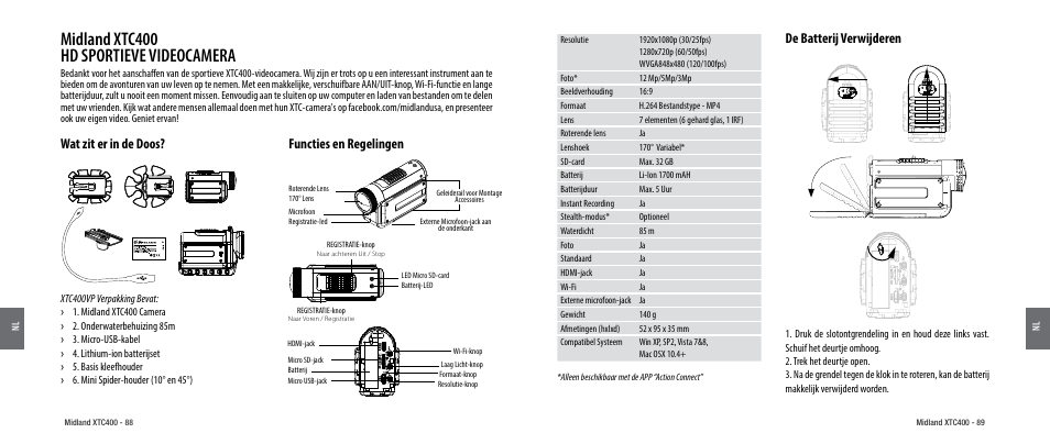 Wat zit er in de doos, Functies en regelingen, De batterij verwijderen | Midland xtc400 hd sportieve videocamera | MIDLAND XTC 400 User Manual | Page 46 / 60