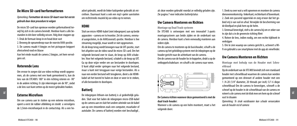 De micro sd-card herformatteren, Roterende lens, Externe microfoon | Hdmi, Batterij, Uw camera monteren en richten | MIDLAND XTC 400 User Manual | Page 47 / 60