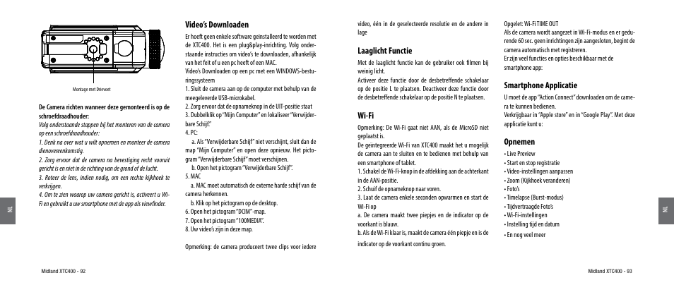 Video’s downloaden, Laaglicht functie, Wi-fi | Smartphone applicatie, Opnemen | MIDLAND XTC 400 User Manual | Page 48 / 60