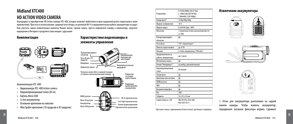 Комплектация, Характеристики видеокамеры и элементы управления, Извлечение аккумулятора | Midland xtc400 hd action video camera | MIDLAND XTC 400 User Manual | Page 52 / 60