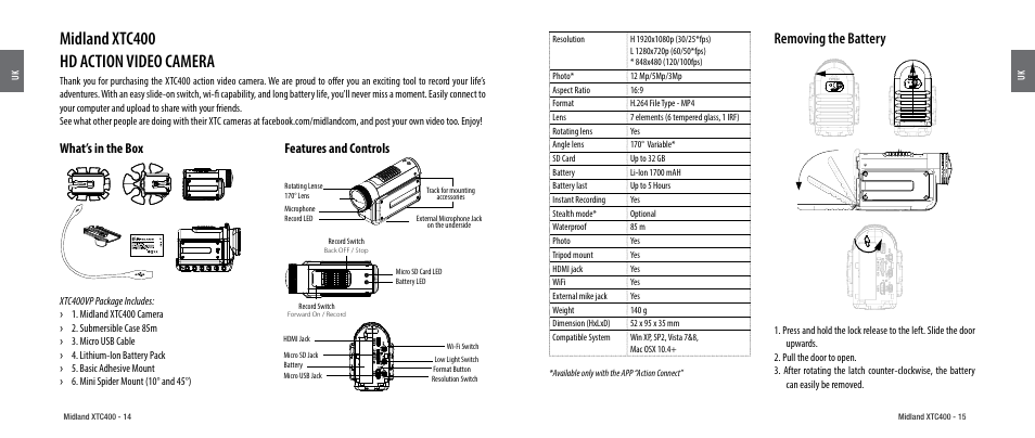 What’s in the box, Features and controls, Removing the battery | Midland xtc400 hd action video camera | MIDLAND XTC 400 User Manual | Page 9 / 60