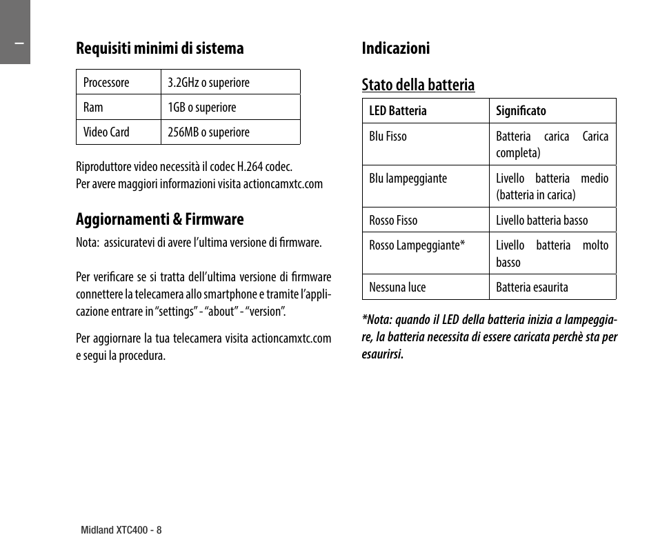 Requisiti minimi di sistema, Aggiornamenti & firmware, Indicazioni | Indicazioni stato della batteria | MIDLAND XTC 400 No HDMI User Manual | Page 10 / 117