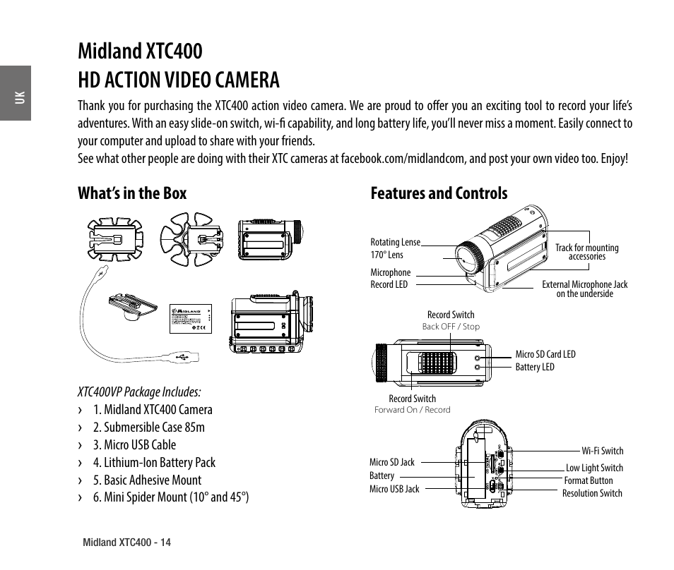What’s in the box, Features and controls, Midland xtc400 hd action video camera | MIDLAND XTC 400 No HDMI User Manual | Page 16 / 117