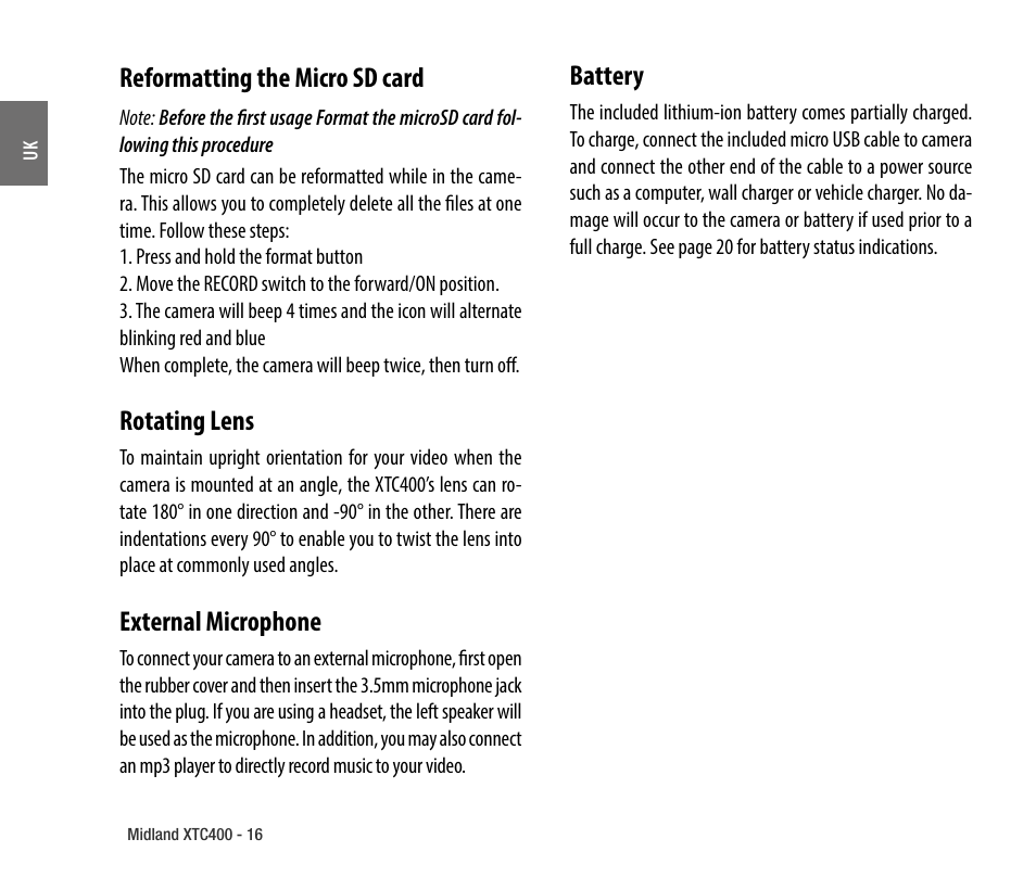 Reformatting the micro sd card, Rotating lens, External microphone | Battery | MIDLAND XTC 400 No HDMI User Manual | Page 18 / 117
