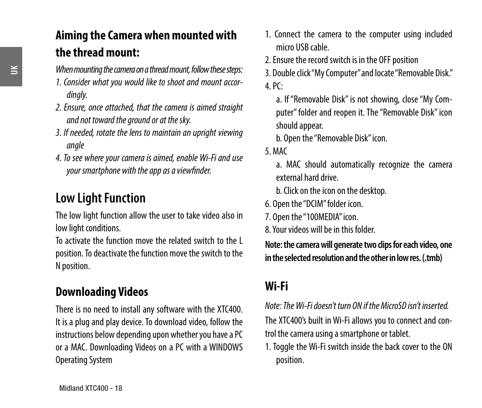 Low light function, Downloading videos, Wi-fi | MIDLAND XTC 400 No HDMI User Manual | Page 20 / 117