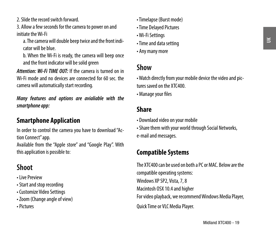 Smartphone application, Shoot, Show | Share, Compatible systems | MIDLAND XTC 400 No HDMI User Manual | Page 21 / 117