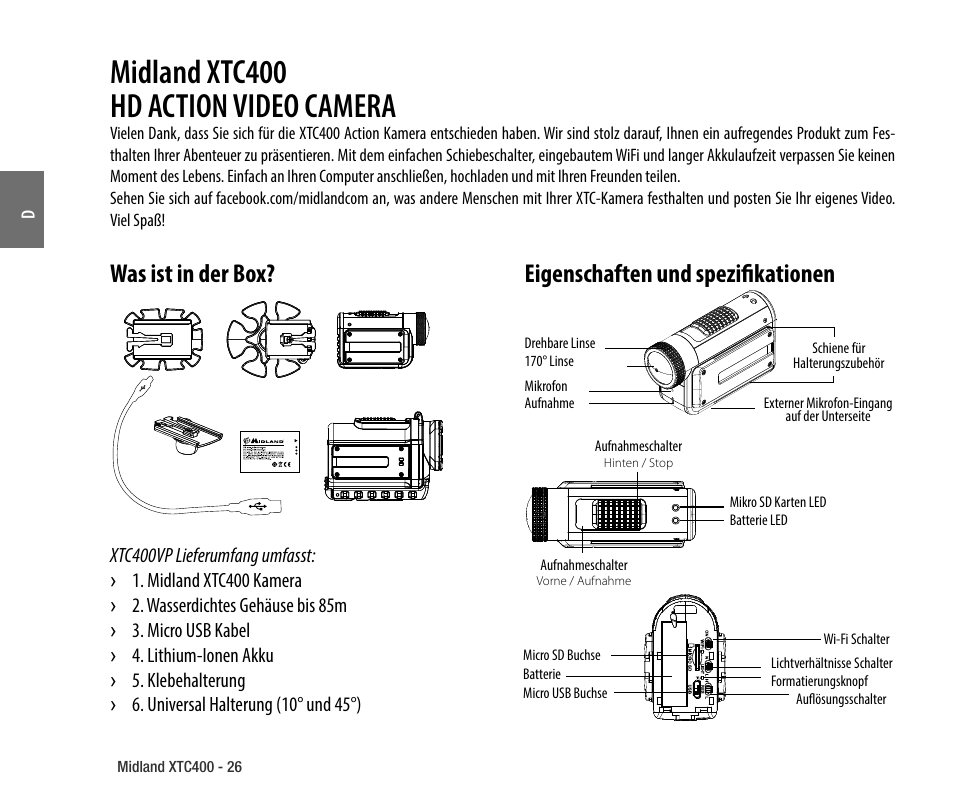 Was ist in der box, Eigenschaften und spezifikationen, Midland xtc400 hd action video camera | MIDLAND XTC 400 No HDMI User Manual | Page 28 / 117