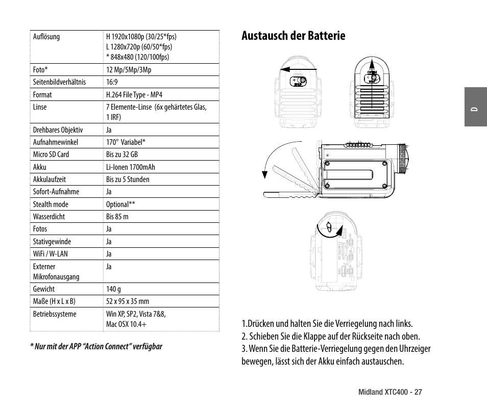 Austausch der batterie | MIDLAND XTC 400 No HDMI User Manual | Page 29 / 117