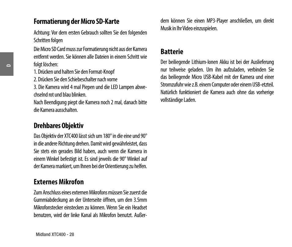 Formatierung der micro sd-karte, Drehbares objektiv, Externes mikrofon | Batterie | MIDLAND XTC 400 No HDMI User Manual | Page 30 / 117